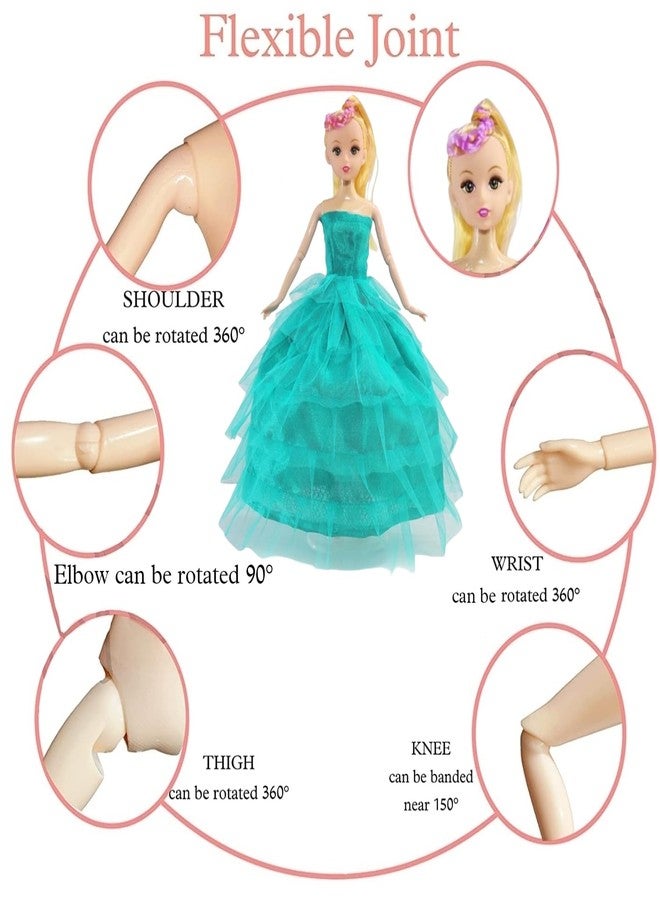 BABRO - Cute Face Doll Set for Girls, Full Foldable Doll with Bluish Green Frock, 4 Doll Dresses, 3 Pair Doll Socks and 1 Bag - Image 3